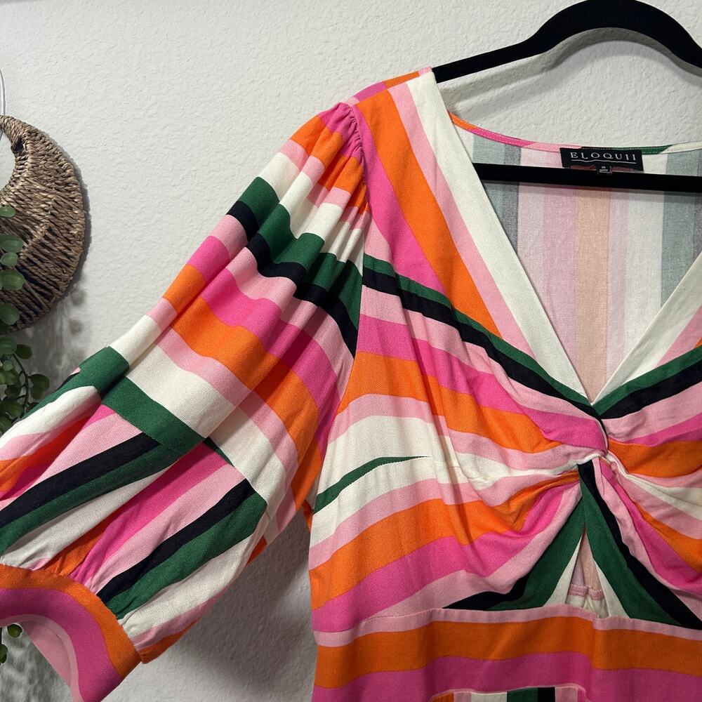 Eloquii Stripe Fit & Flare Linen Blend Dress Pink Green Cut Out Puff Sleeve 20 - Picture 9 of 11